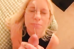 Four eyed golden-haired doxy is not glad with the facial