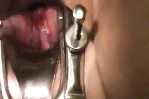 My girl plays with a speculum and lets me rub her snatch