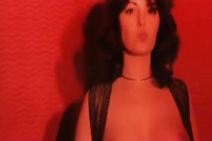 Sassy brunette hair slut exposes her big mambos in front of different dudes