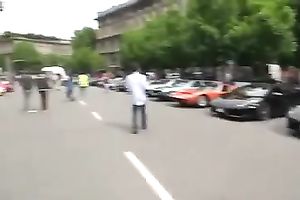 Outdoor scene with a sizzling golden-haired walking in her high heels