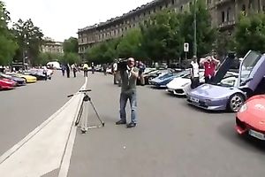 Outdoor scene with a sizzling golden-haired walking in her high heels
