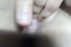 Lovely golden-haired sweetheart toying and fingering her hairless twat