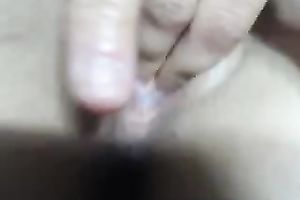 Lovely golden-haired sweetheart toying and fingering her hairless twat