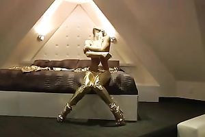 My curvy girlfriend looks super hawt in her golden spandex petticoat