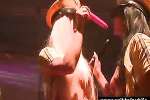 Lesbian dildo sex for 00 spectators