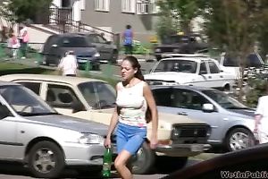 Russian college white wife in hot constricted shorts pees in public