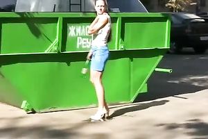 Russian college white wife in hot constricted shorts pees in public