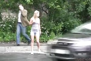 Cute Russian chick walks in public in her moist piddled panties