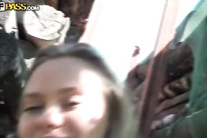 Amateur golden-haired receives her muff drilled from behind outdoors