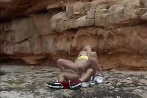 Cute non-professional golden-haired receives drilled on a beach after giving a oral-sex