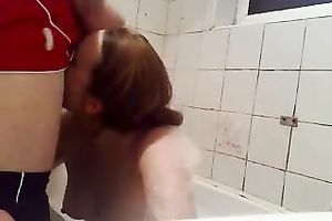 Horny sweetheart takes giant dick in her face hole in bath