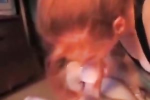 Cum-addicted redhead sucks her lover's shlong like a true floozy