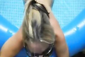 My charming golden-haired milf slutty wife gives me irrumation in the inflatable pool