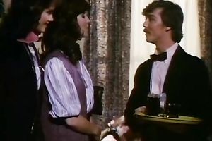 Brunette honeys share a weenie in classic porn clip