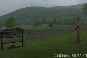 Hot angels with tight bodies are watered outdoors bounded by the pillar