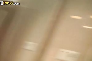 Brunette hottie acquires her bald cookie splattered with cum in POV movie scene