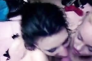 Two eager strumpets have a fun engulfing my boner in the public washroom