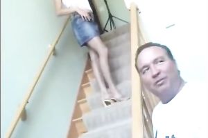 Breasty indecent redhead honey gets mouth poked right on stairs