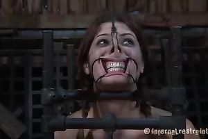 Alluring brunette pippin with extended face hole is tortured in barn