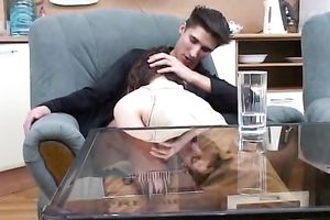 Nasty and youthful Russian horny white wife blows her boyfriend on the armchair