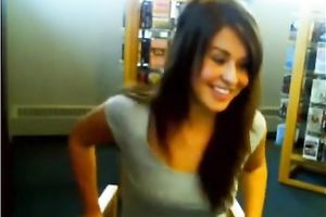 Curvy dark brown sweetie flashes her cunny in the public library