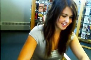Curvy dark brown sweetie flashes her cunny in the public library