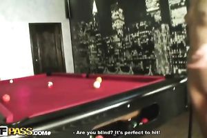 Nude dilettante hussies have a fun playing pool in a sauna
