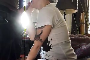 Tattooed hussy sucks my prick devotedly in homemade episode