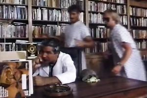 Retro playgirl receives her vagina group-fucked from behind in a library