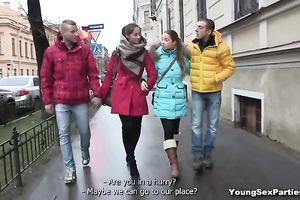 Two ravishing chicks fondle every other and acquire screwed in a 4some