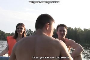 Lovely teenage dark brown bonks 2 desirous men in the boat