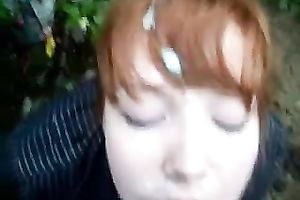 Cute redhead amateur wife from college receives cum facial in the woods