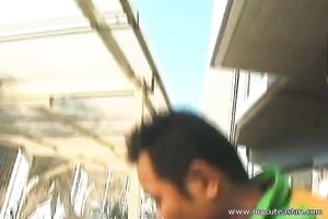 Lewd dilettante Asian milf acquires her shaggy fur pie fingered outdoors