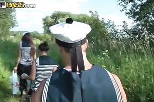 Hot college gals in marine costumes blow hard rods with excitement