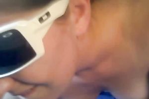 Slutty brunette hair in sum glasses demonstrates engulfing skills