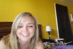 Desirable cutie in short denim petticoat is showing off her well-developed zeppelins