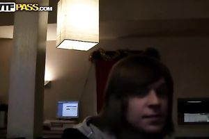 Pretty blonde honey sucks her lover's pecker in a public shitter