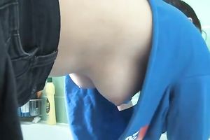 My dark brown GF flashes her scoops whilst cleaning the bathtub