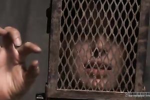 Sweet black cock sluts wearing head box is restrained by her dom