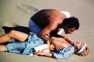 Hungry chap is going to eat curly slit of his titless fair haired babe in desert