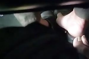 Secretly touching the feet of sexy babe with my own