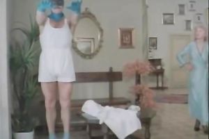 Trashy blond doxy sucks three hard pecker in group sex session