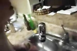 Fucking my curly-haired lover's muff from behind in the kitchen