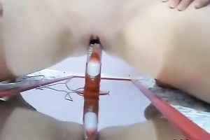 Busty dilettante blond rides a sextoy attached to a mirror