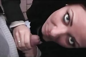 POV episode with a brunette hair call-girl engulfing my penis in the street