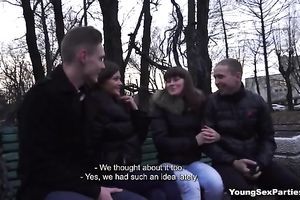 Two dark-haired angels receive their vags smashed in a foursome