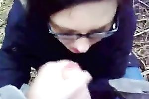 My nerdy brunette hair goddes gives me outdoors fellatio