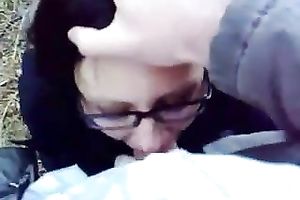 My nerdy brunette hair goddes gives me outdoors fellatio