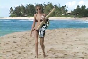 Filmed my golden-haired hottie on the beach topless and nude