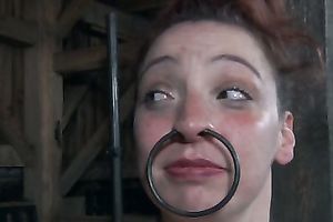 Ugly serf with large ring in her nose punished by her taskmaster after giving head